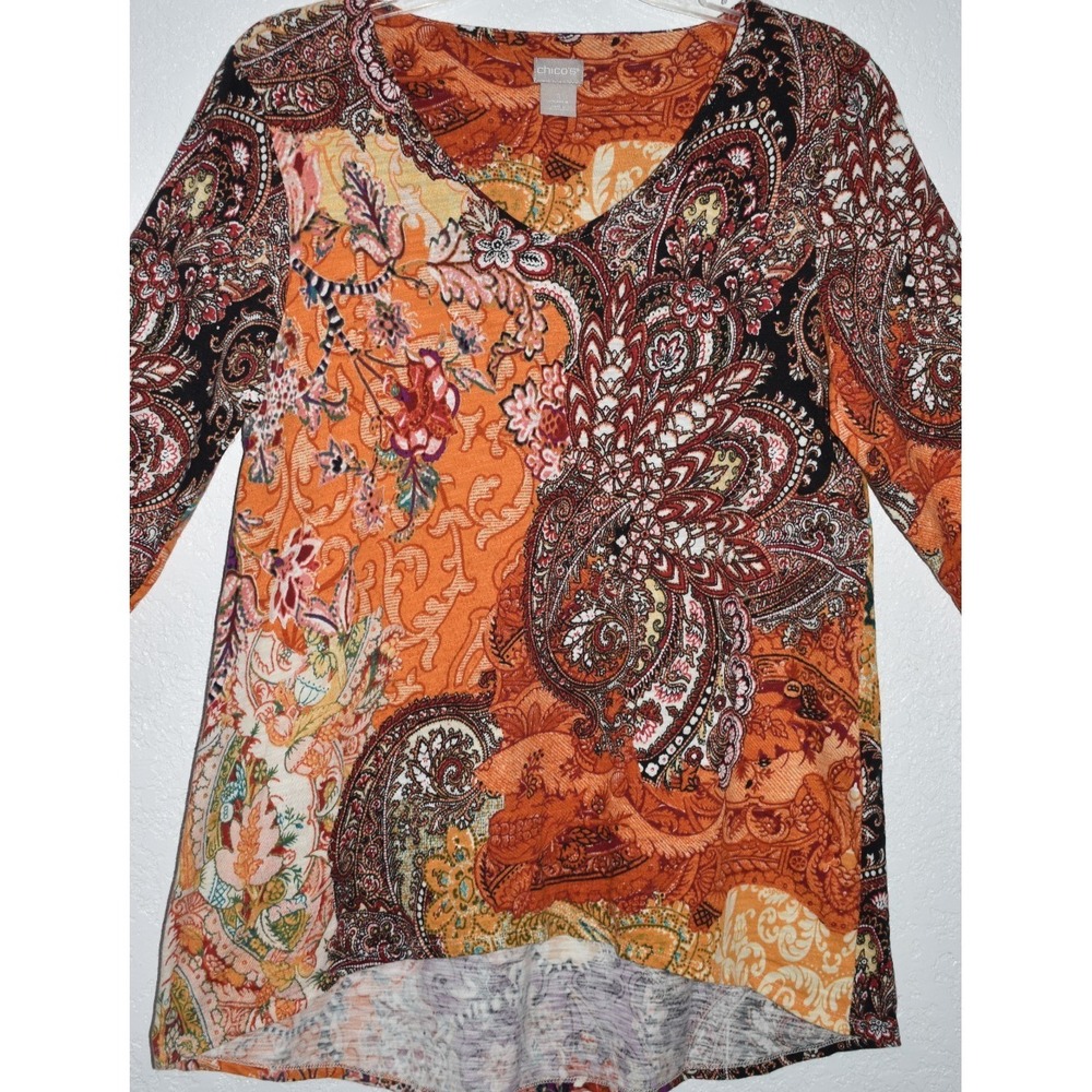 Chicos 1/Mediume Mix Print Tunic Top Multicolor Business Casual 3/4 Sleeve Vneck - Picture 6 of 15